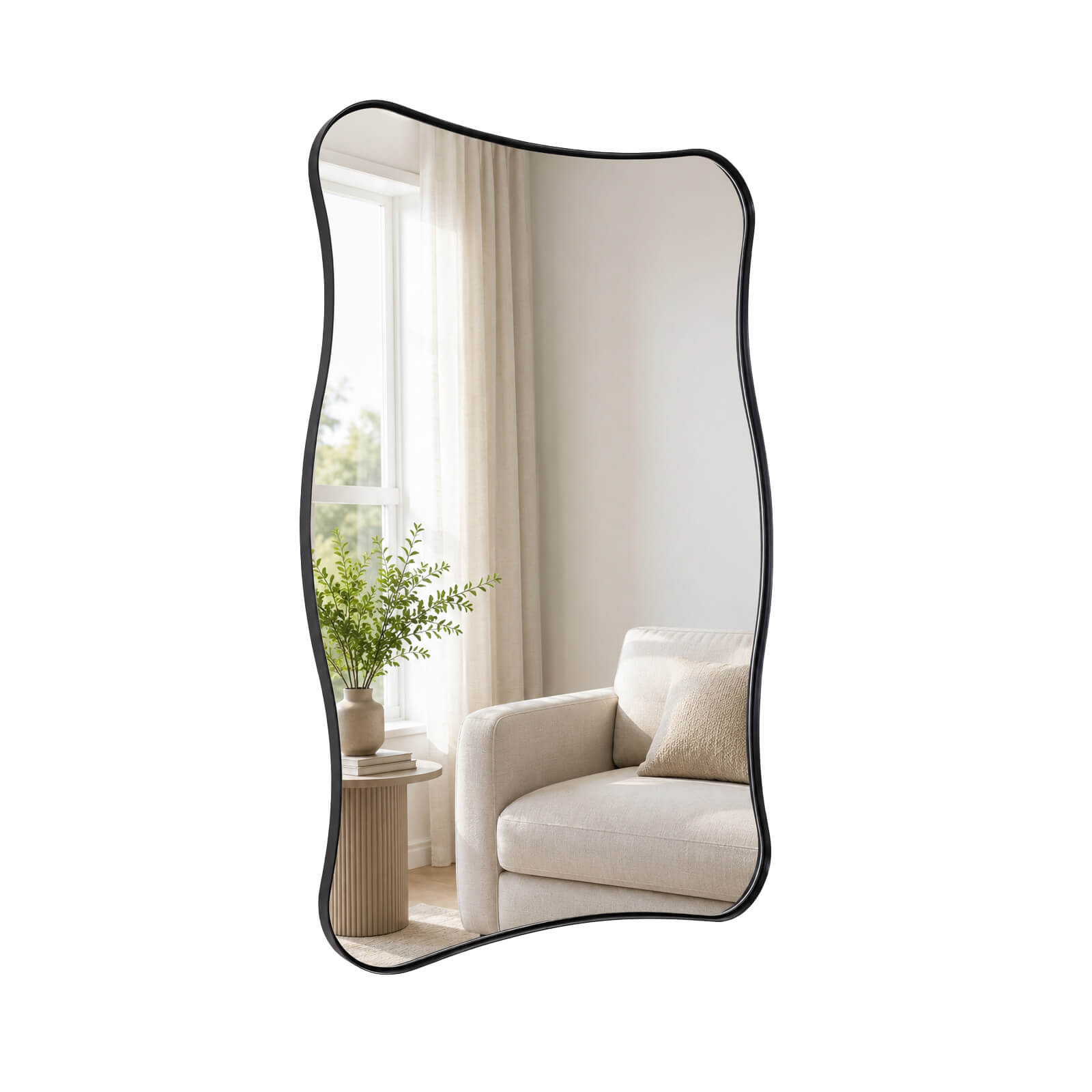 Contemporary Wavy Rectangle Scalloped Bathroom Wall Mirror | Stainless Steel Frame