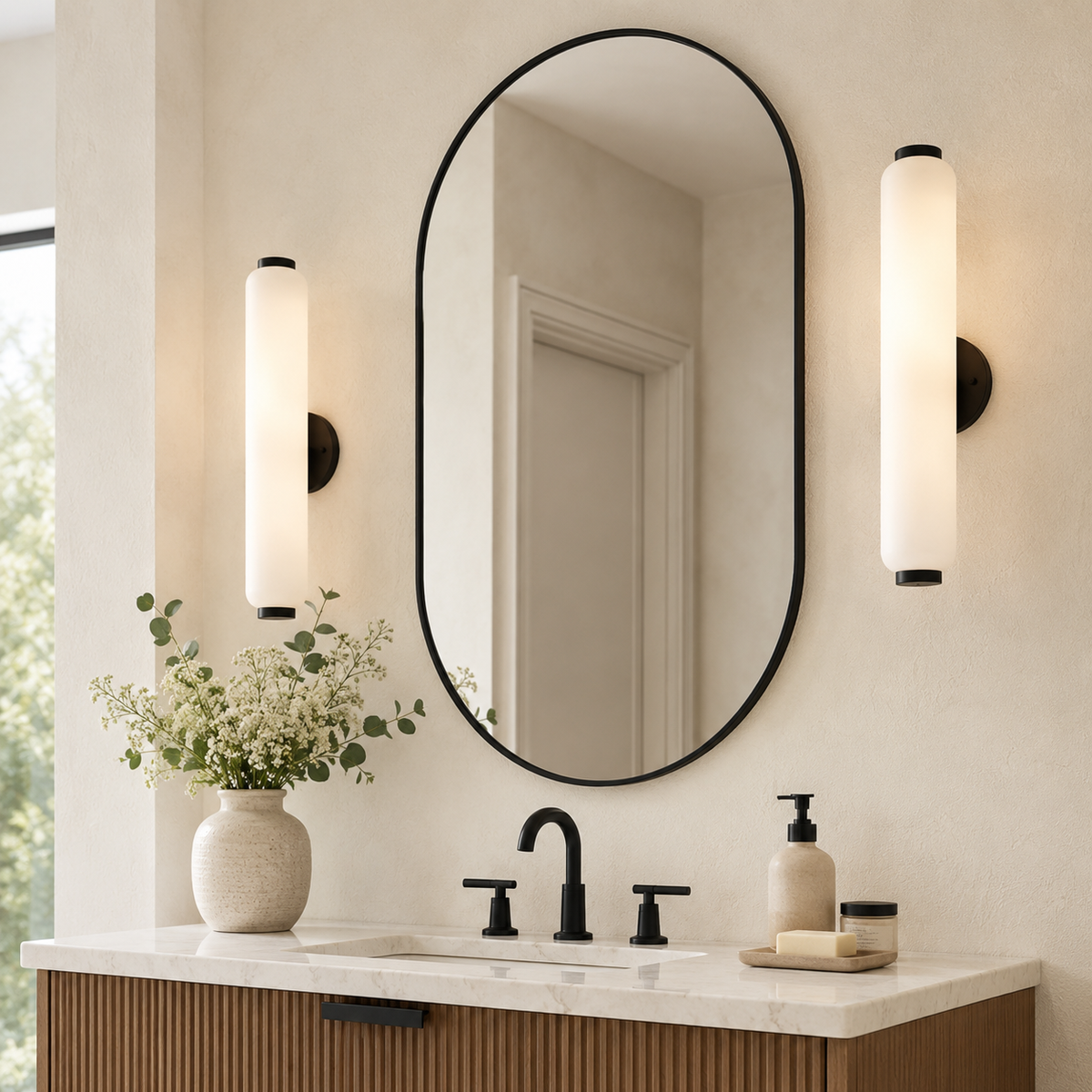 Modern Pill Shaped Capsule Wall Mirrors Long Oval Bathroom Vanity Mirror | Stainless Steel Frame