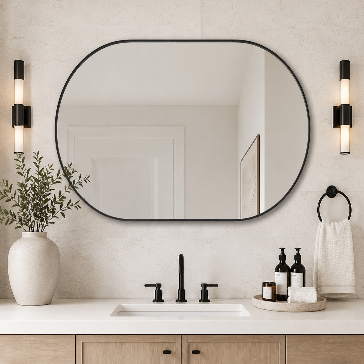 Modern Pill Shaped Capsule Wall Mirrors Long Oval Bathroom Vanity Mirror | Stainless Steel Frame