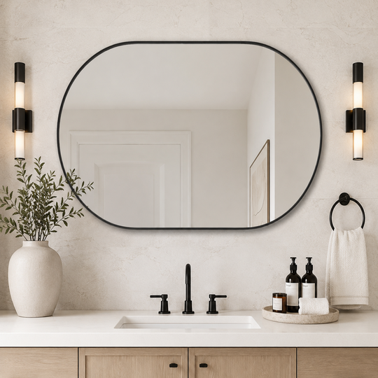 Modern Pill Shaped Capsule Wall Mirrors Long Oval Bathroom Vanity Mirror | Stainless Steel Frame