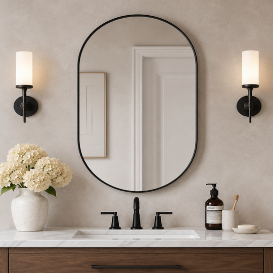 Modern Pill Shaped Capsule Wall Mirrors Long Oval Bathroom Vanity Mirror | Stainless Steel Frame