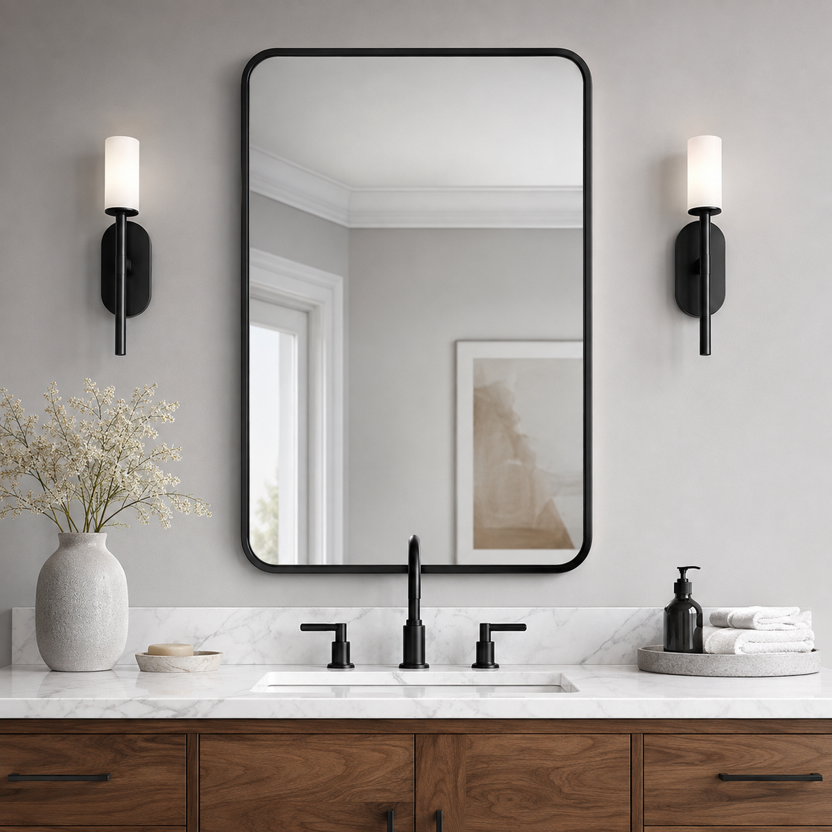 Contemporary Rounded Rectangular Bathroom Wall Mirror |Thicker Stainless Steel Framed