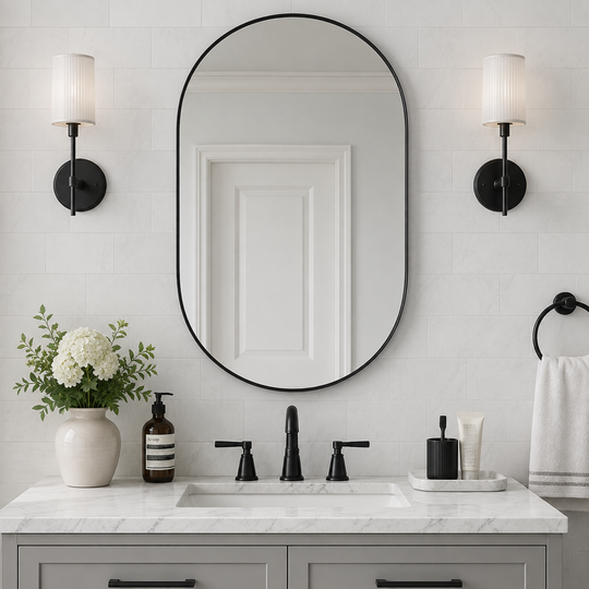 Modern Pill Shaped Capsule Wall Mirrors Long Oval Bathroom Vanity Mirror | Stainless Steel Frame