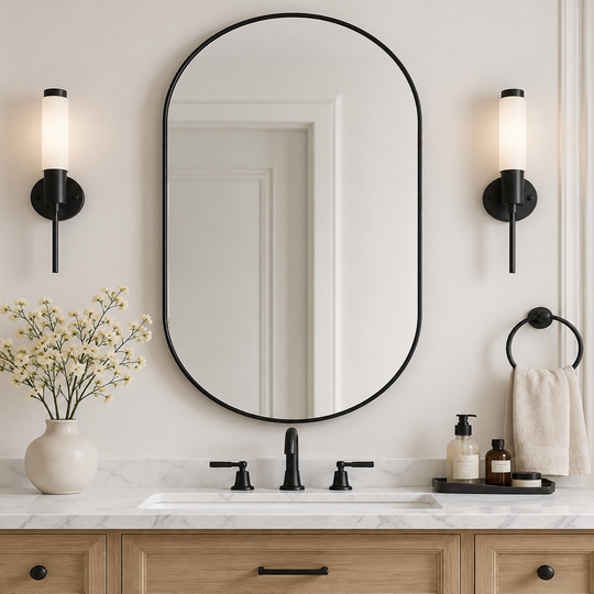 Modern Pill Shaped Capsule Wall Mirrors Long Oval Bathroom Vanity Mirror | Stainless Steel Frame