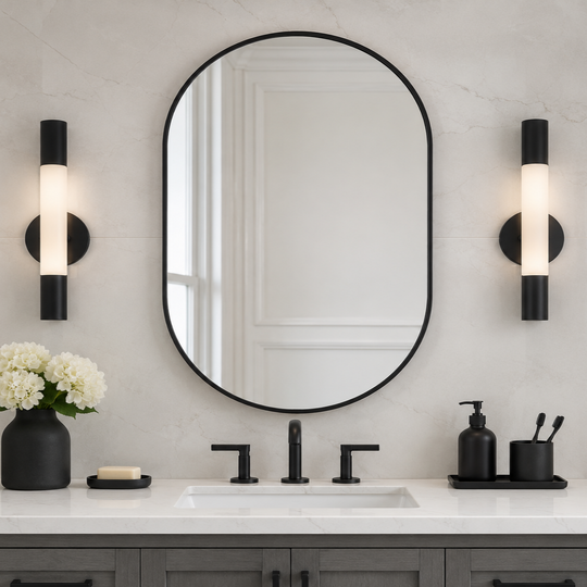 Modern Pill Shaped Capsule Wall Mirrors Long Oval Bathroom Vanity Mirror | Stainless Steel Frame