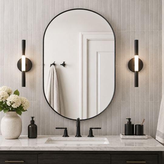 Modern Pill Shaped Capsule Wall Mirrors Long Oval Bathroom Vanity Mirror | Stainless Steel Frame