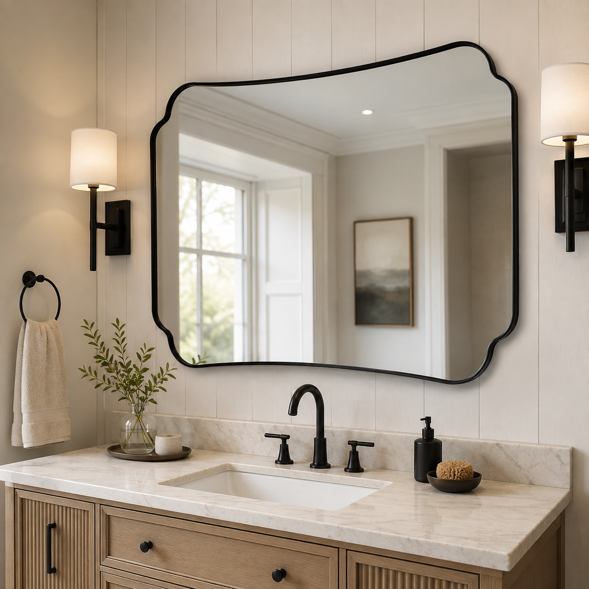 Contemporary Cut Corner Concave Edge Scalloped Bathroom Mirror | Stainless Steel Frame