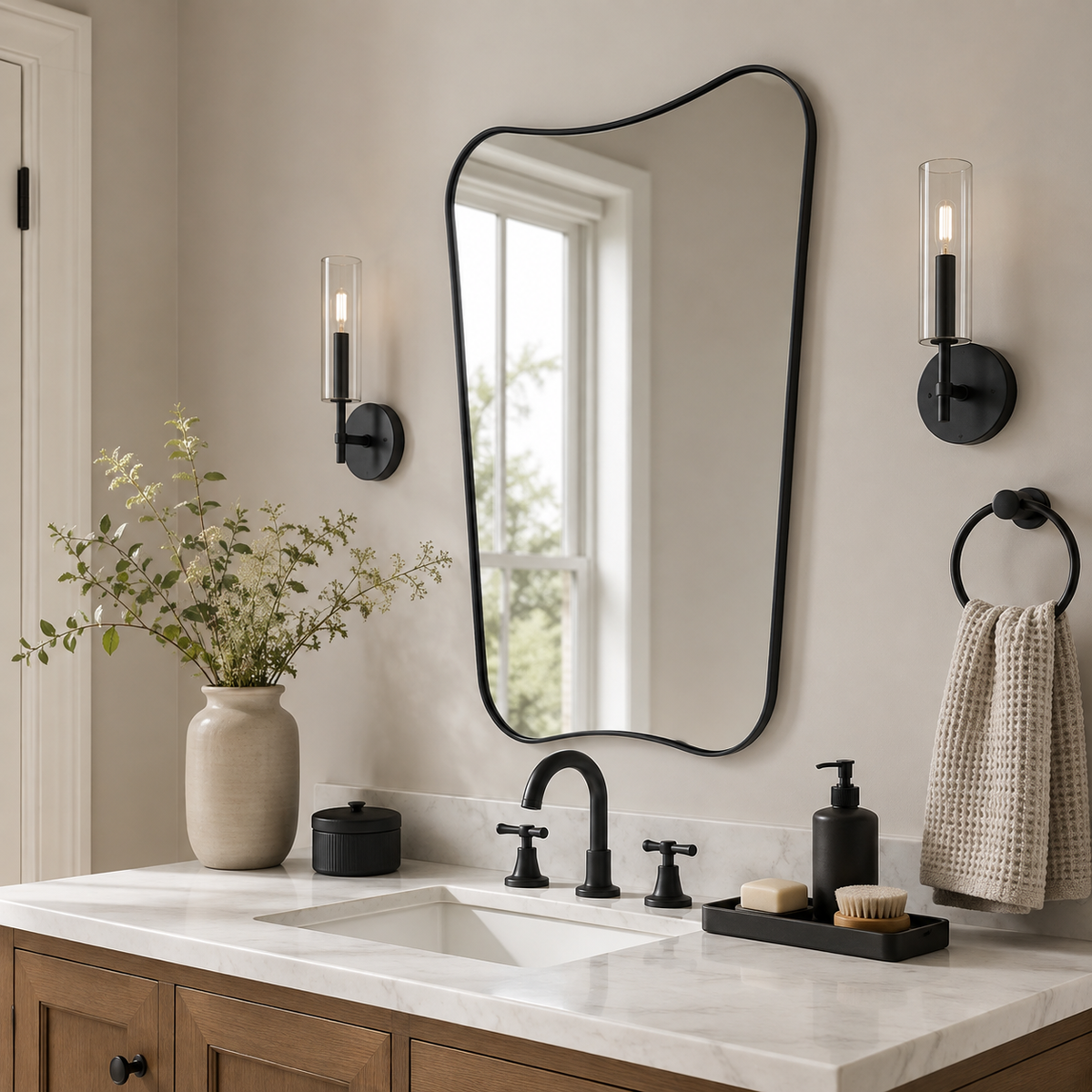 Italian Luxury Style Irregular Scalloped Wall Mirror for Bathroom  |Stainless Steel Frame