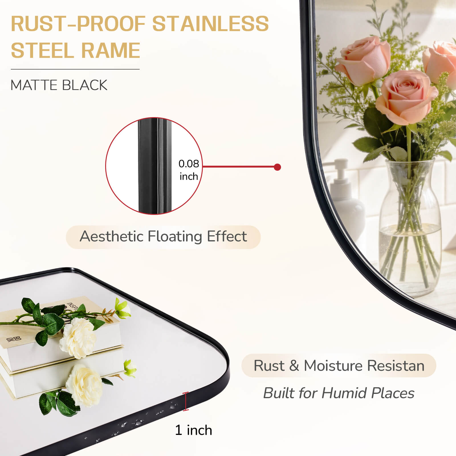 Modern Mantel Wide Arch Rectangle Bathroom Vanity  Mirror | Stainless Steel Frame