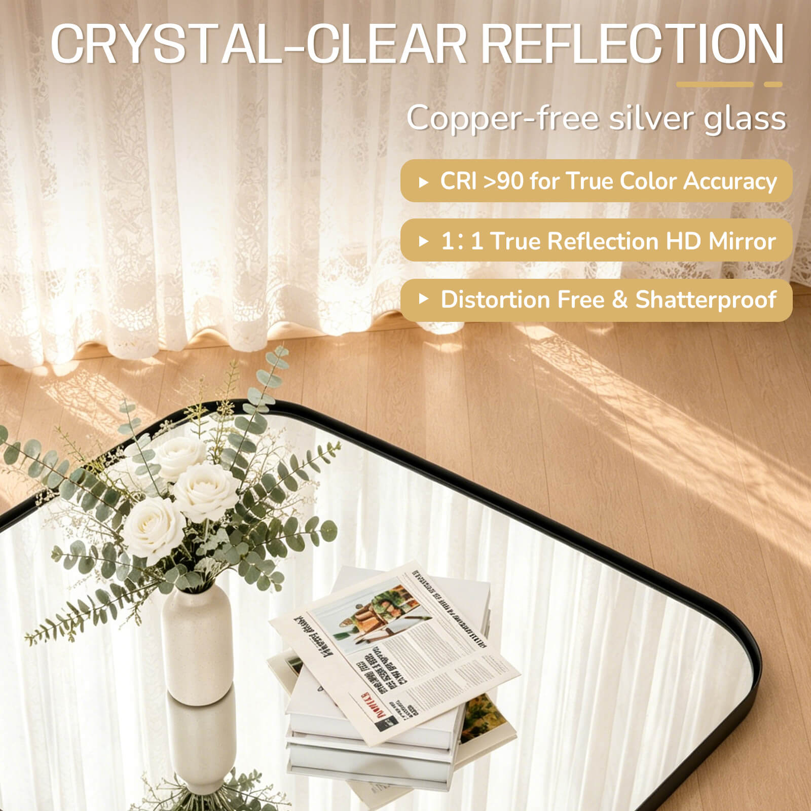 Modern Mantel Wide Arch Rectangle Bathroom Vanity  Mirror | Stainless Steel Frame