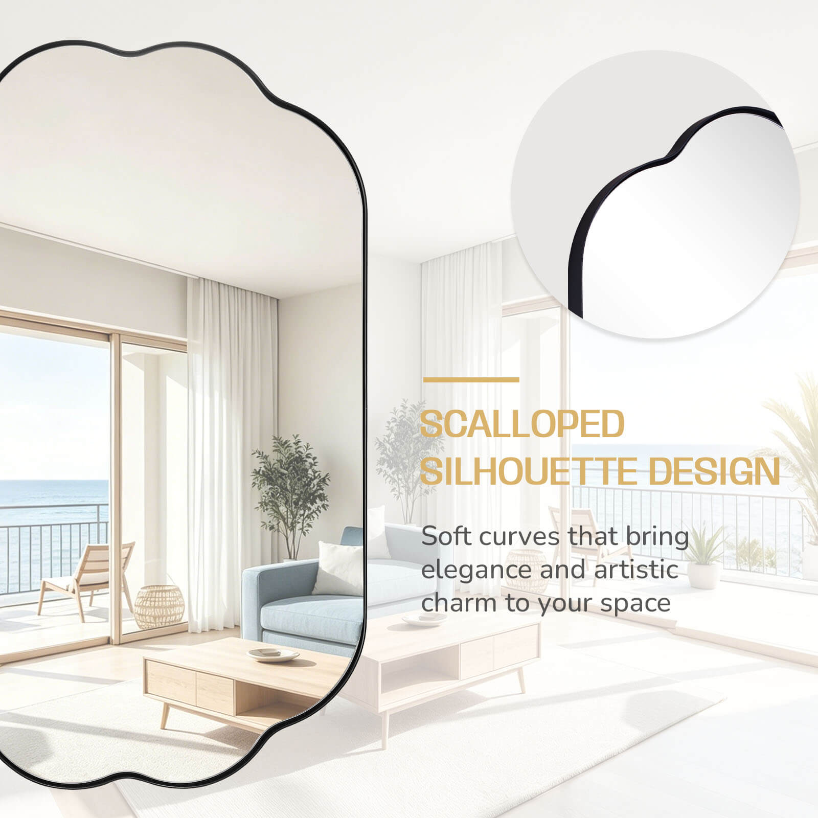 Contemporary Pill Shaped Long Oval Scalloped Bathroom Vanity Wall Mirror| Stainless Steel Framed