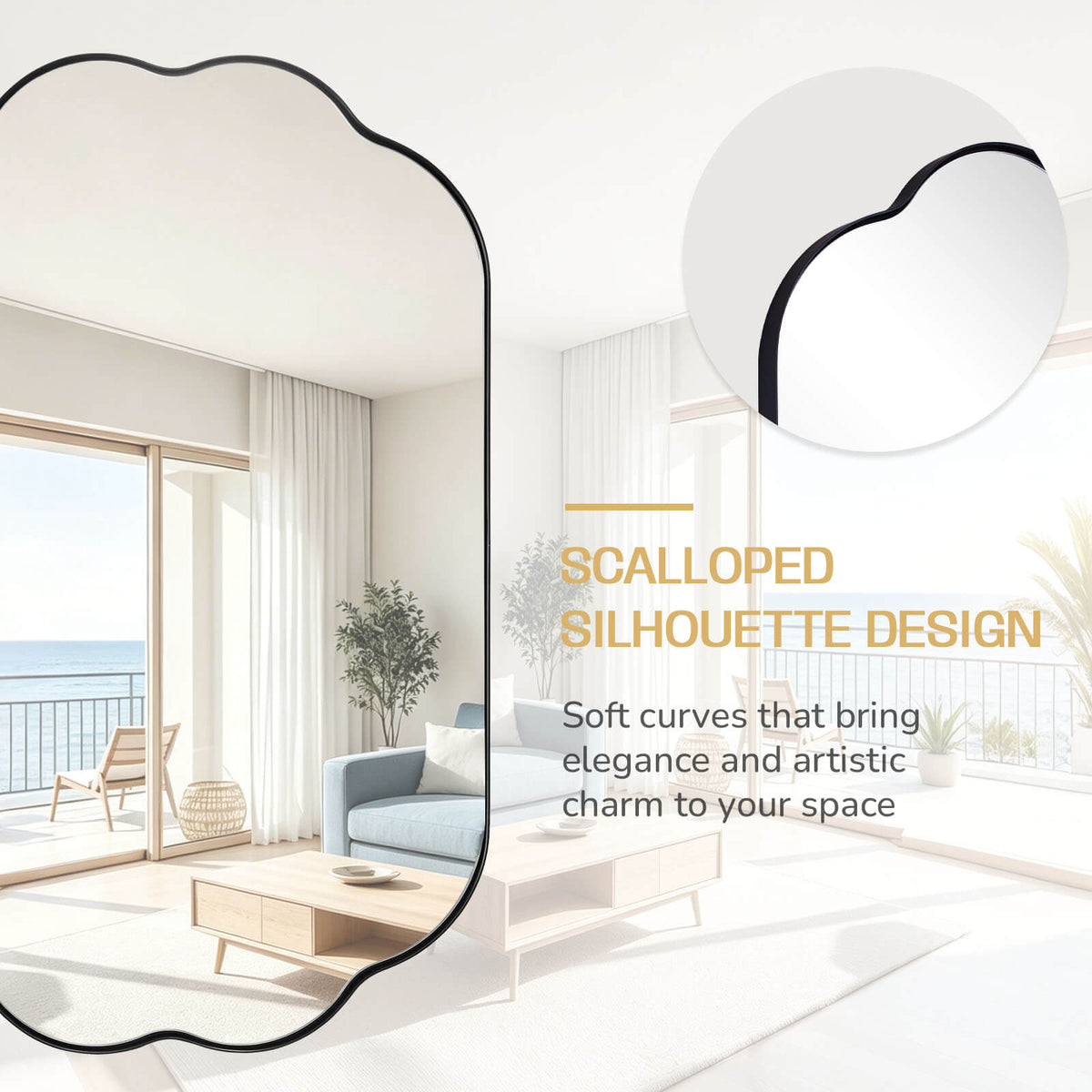 Contemporary Pill Shaped Long Oval Scalloped Bathroom Vanity Wall Mirror| Stainless Steel Framed