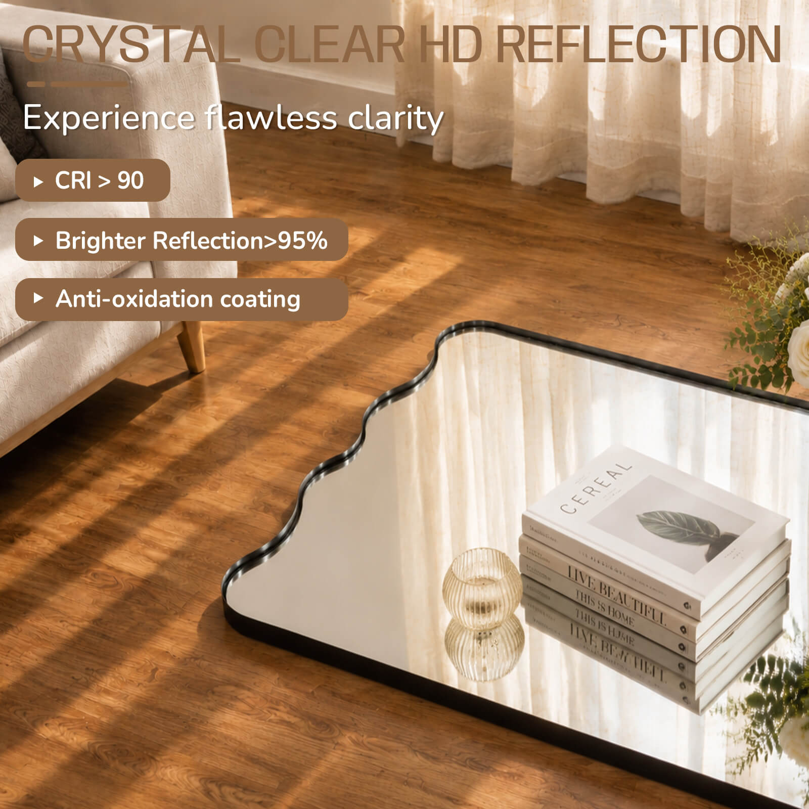 Contemporary Wavy Scalloped Rectangle Mirror Decorative Bathroom Mirror | Stainless Steel Frame