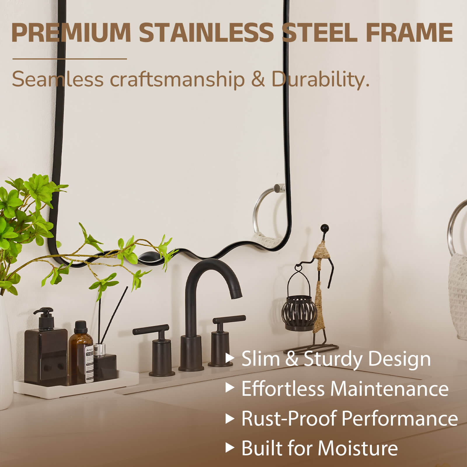 Contemporary Wavy Scalloped Rectangle Mirror Decorative Bathroom Mirror | Stainless Steel Frame