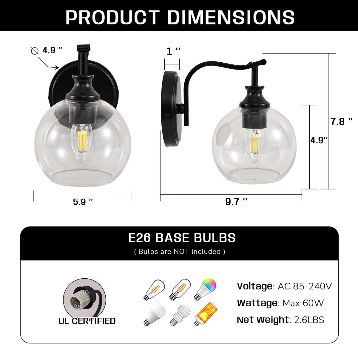 Modern Clear Globe Glass Shade Metal Crank Frame Bathroom Sconces