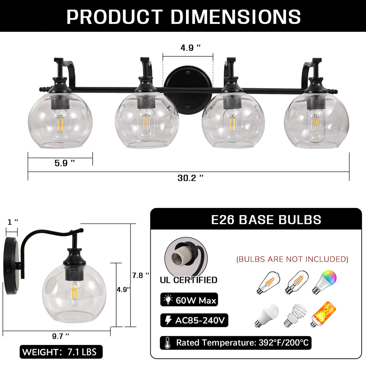Modern Clear Globe Glass Shade Metal Crank Frame Bathroom Sconces