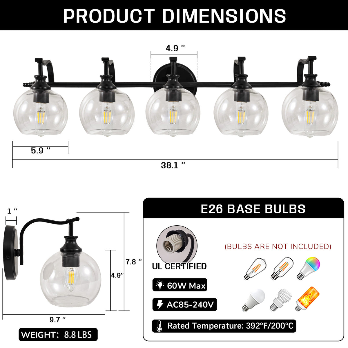 Modern Clear Globe Glass Shade Metal Crank Frame Bathroom Sconces