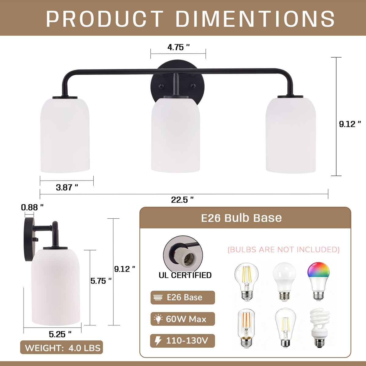 Modern Milk Glass Shade Bathroom Vanity Light