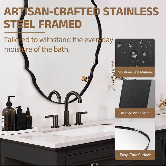 Contemporary Oval Scalloped Wall Mirror Irregular Bathroom Vanity Mirror| Stainless Steel Frame