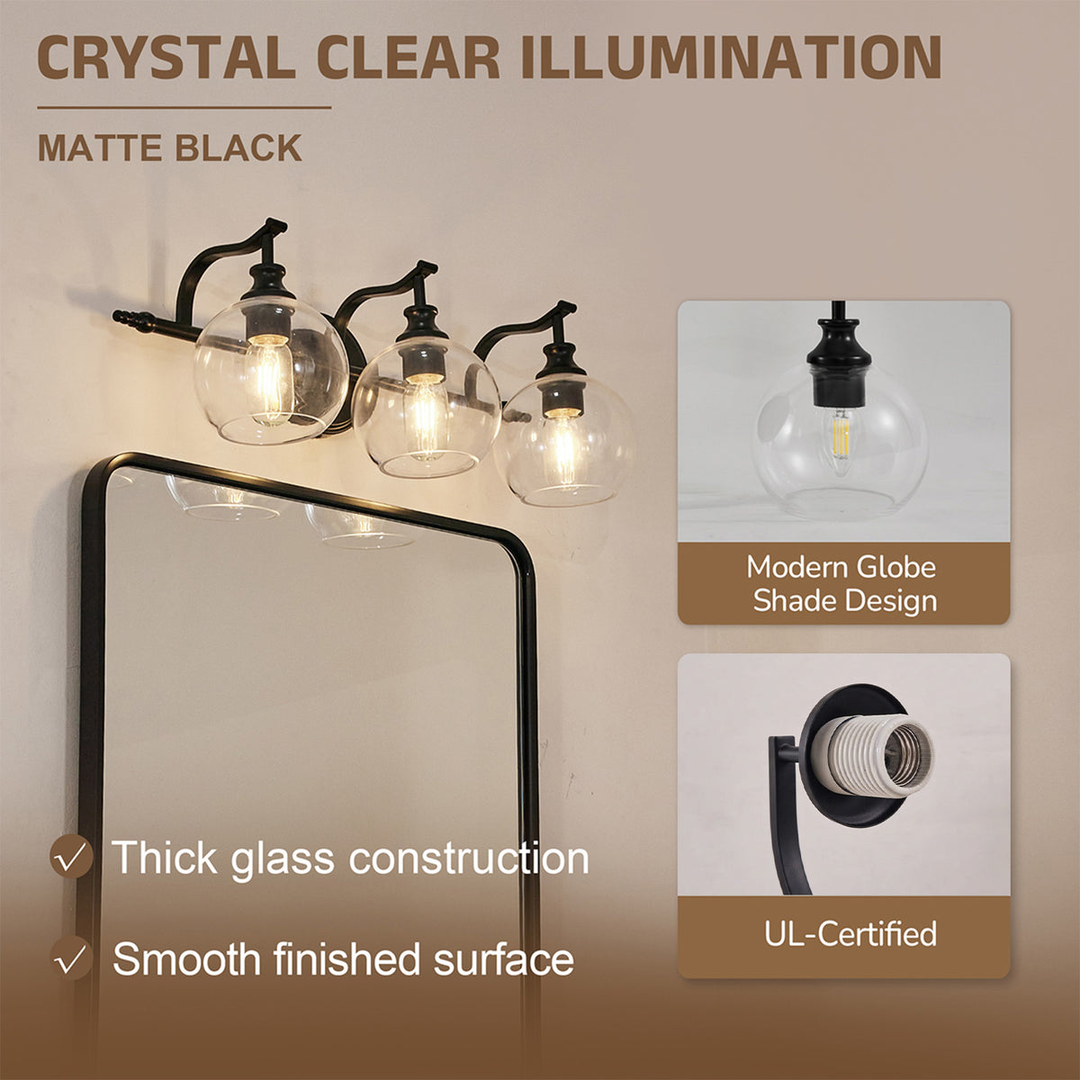 Modern Clear Globe Glass Shade Metal Crank Frame Bathroom Sconces