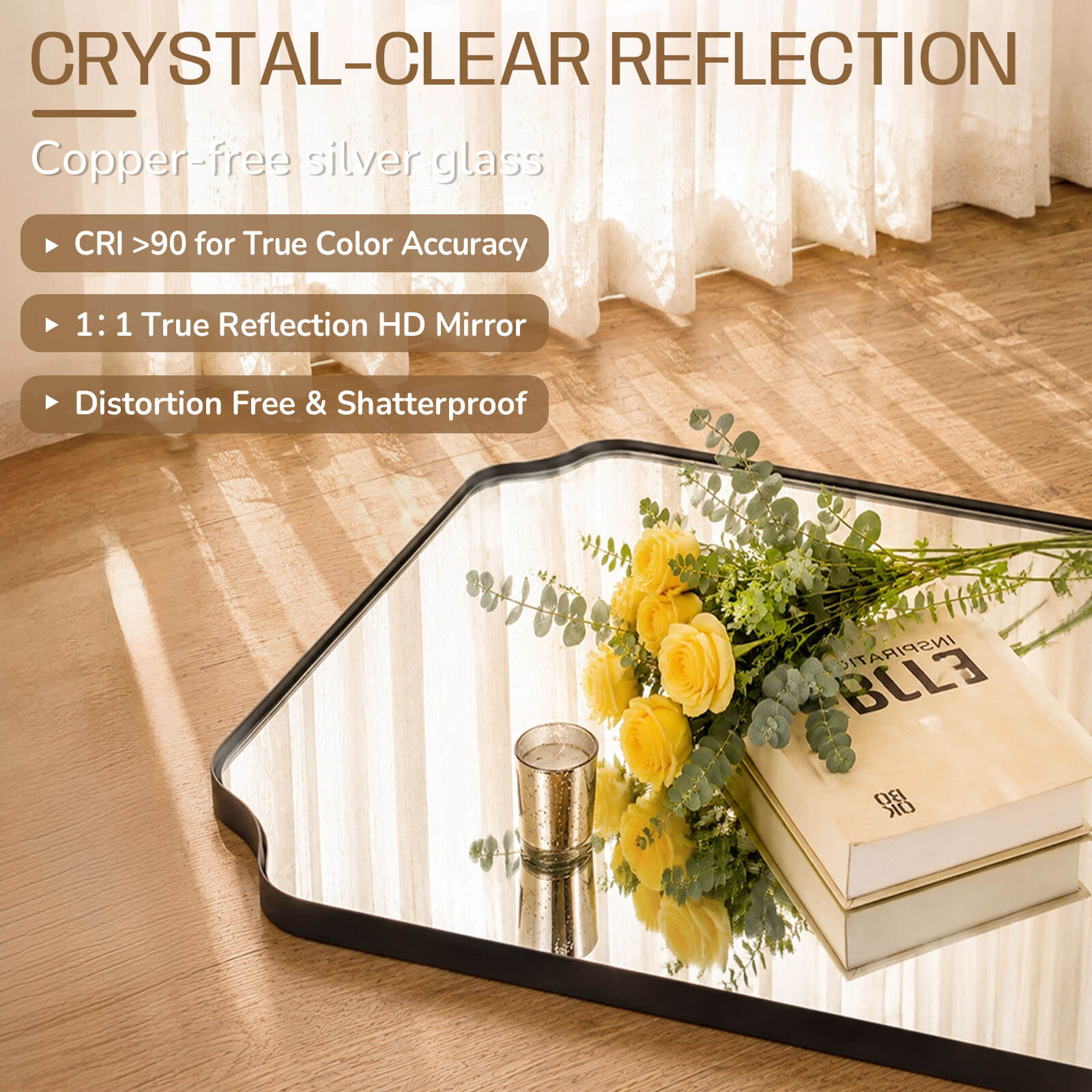 Modern Top Notched Corner Scalloped Bathroom Rectangle Vanity Wall Mirror | Stainless Steel Frame