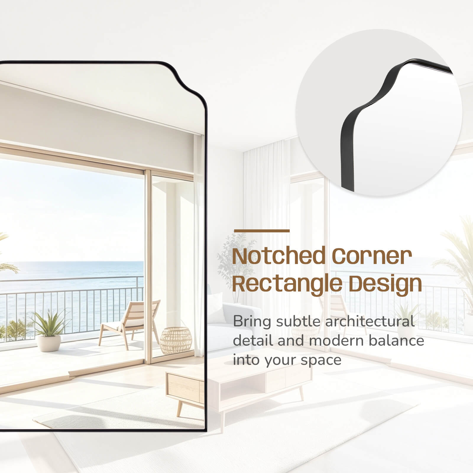 Modern Top Notched Corner Scalloped Bathroom Rectangle Vanity Wall Mirror | Stainless Steel Frame