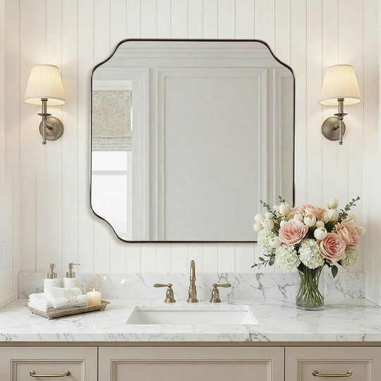 Contemporary Notched Corner Rectangle Scalloped Mirror for Wall /Bathroom | Stainless Steel Frame