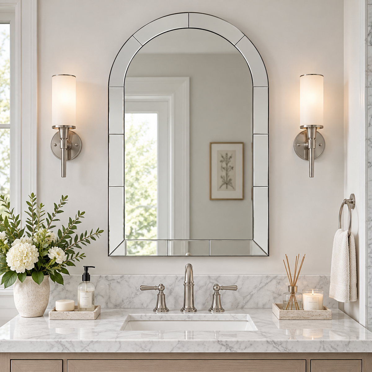 Glass Tile Edge Arched Mirror Bathroom Vanity Mirror | Stainless Steel Frame