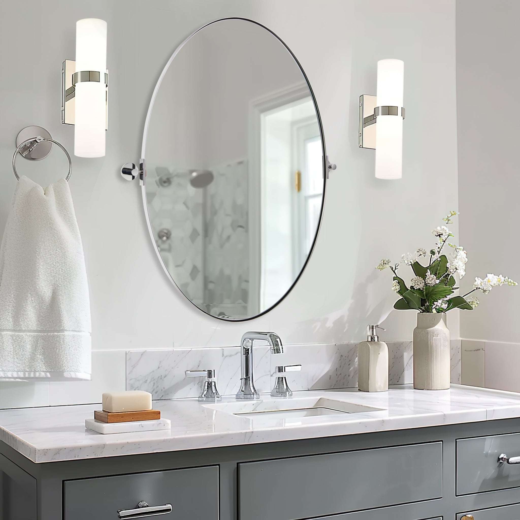 Oval Pivot Mirrors Adjustable Tilting Angle for Bathroom | Stainless Steel Framed