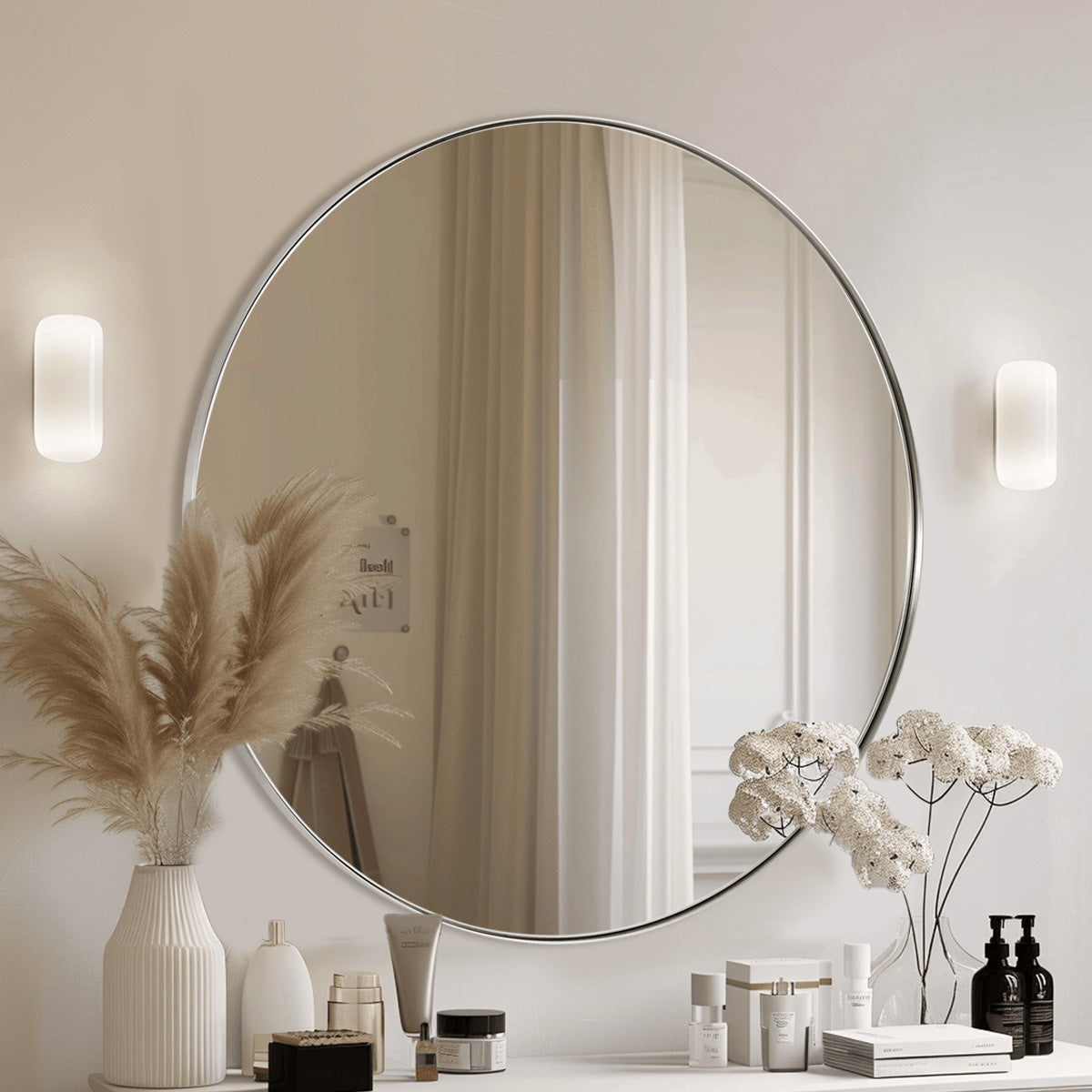 Contemporary Round Mirror for Bathroom | Stainless Steel Frame