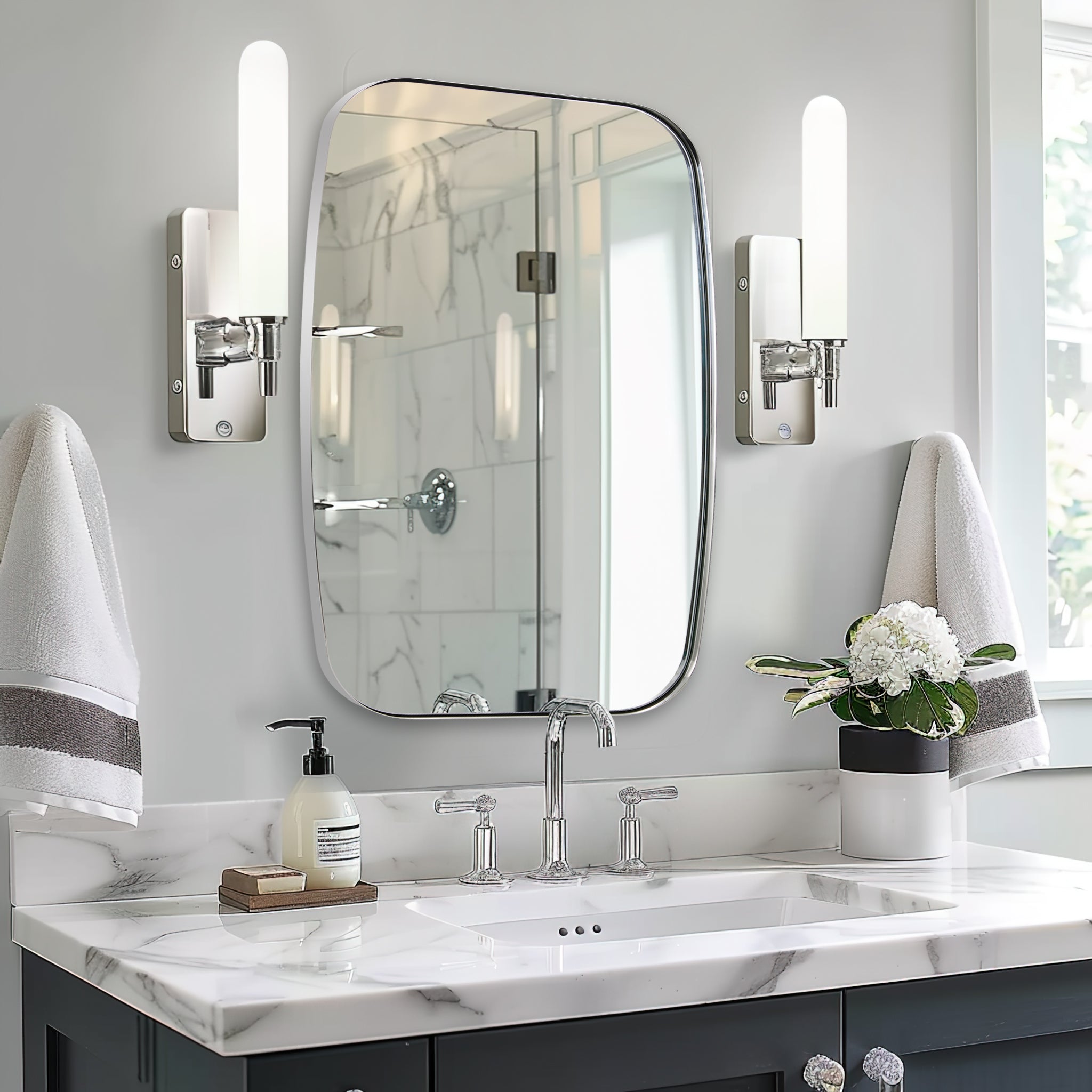 Modern Oblong Bathroom Mirror Long Oval Mirror with Stainless Steel Frame