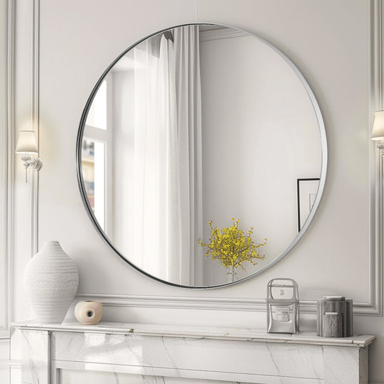 Contemporary Round Mirror for Bathroom | Stainless Steel Frame