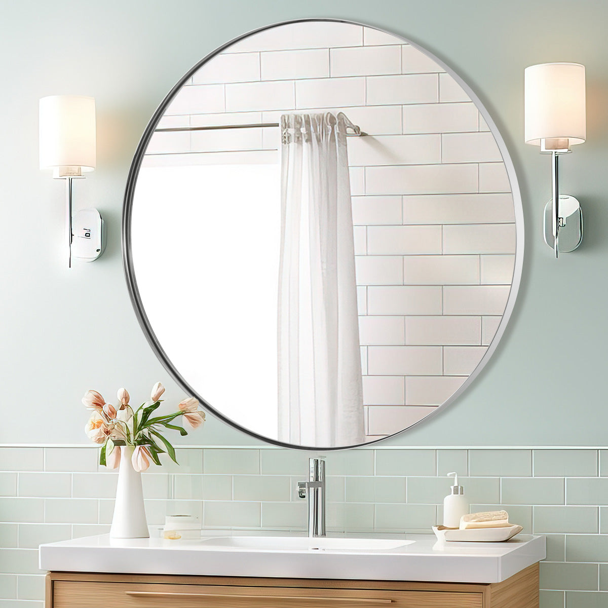 Contemporary Round Mirror for Bathroom | Stainless Steel Frame