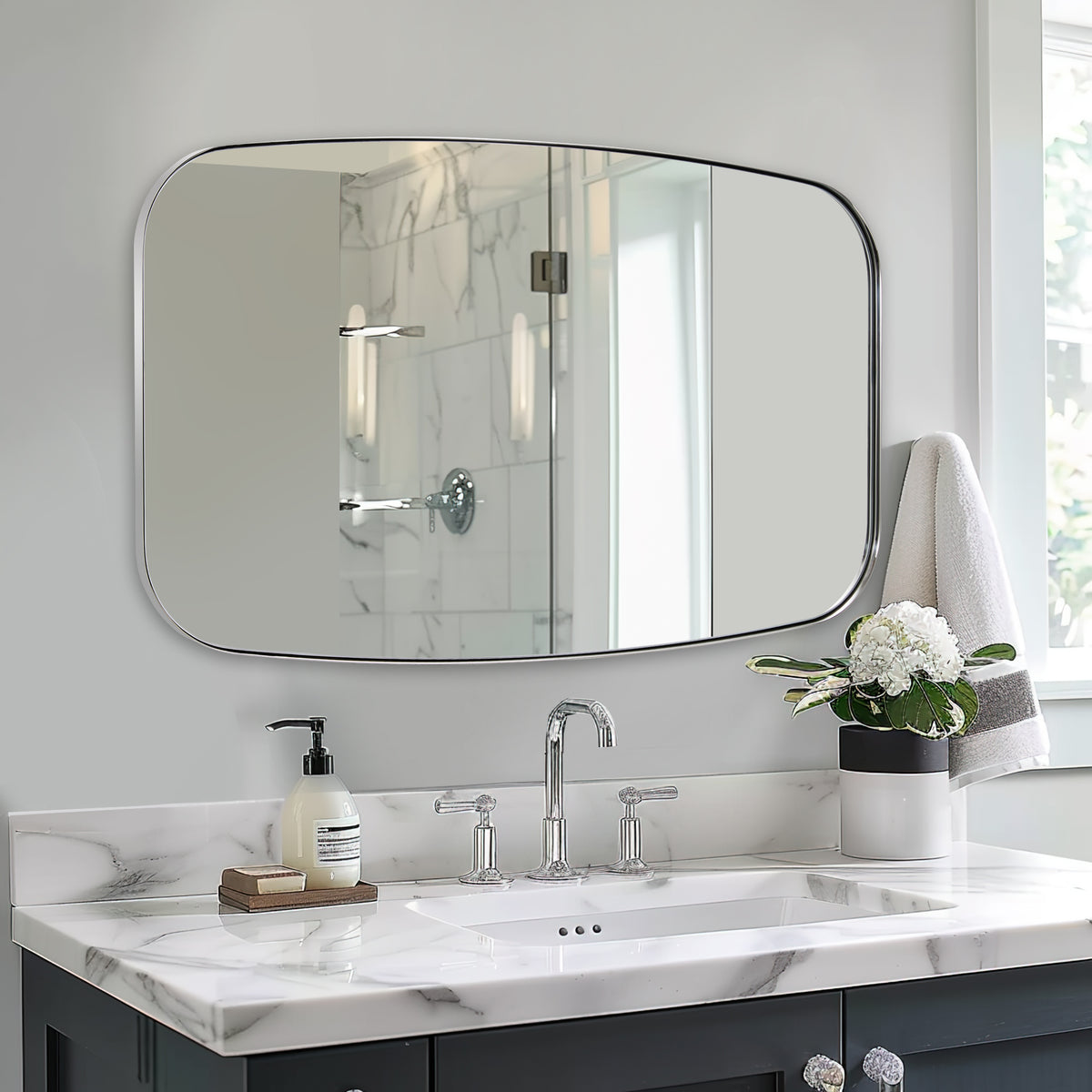 Modern Oval Oblong Bathroom Vanity Mirror | Stainless Steel Frame