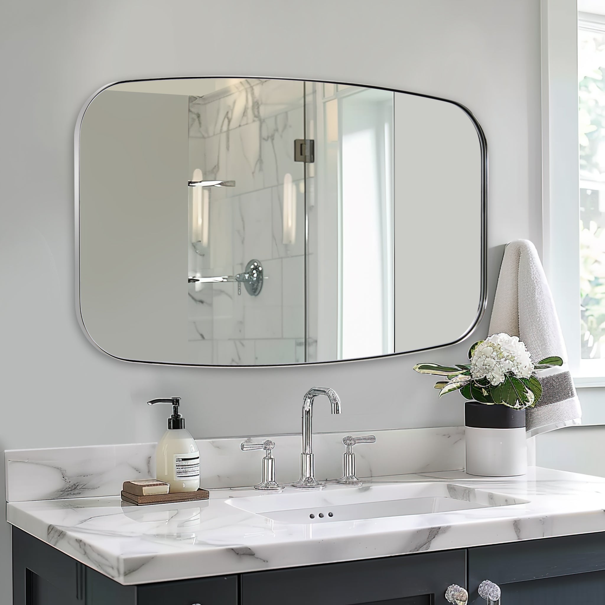 Modern Oblong Bathroom Mirror Long Oval Mirror with Stainless Steel Frame