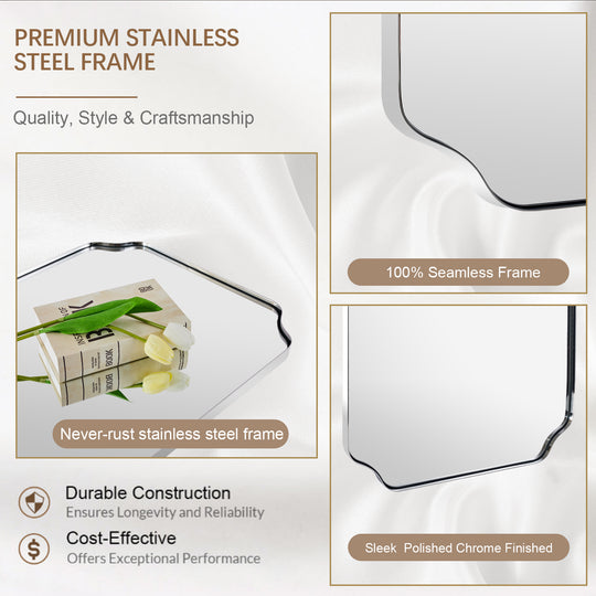Contemporary Rounded Notched Corner Irregular Scalloped Mirror for Wall /Bathroom | Stainless Steel Frame