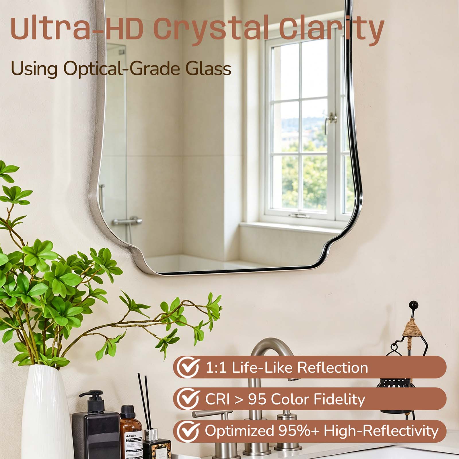 Contemporary Concave Edge Scalloped Bathroom Mirror Decorative | Stainless Steel Frame