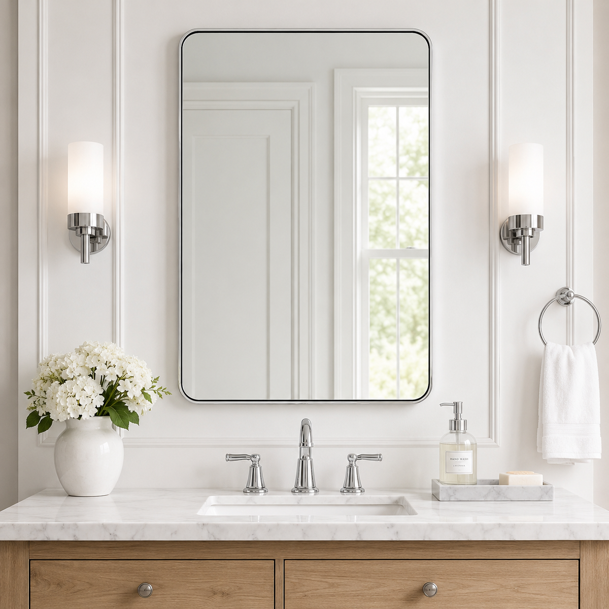 Modern Bold Framed Rectangle Wall Mirrors for Bathroom Wall| Stainless Steel Framed