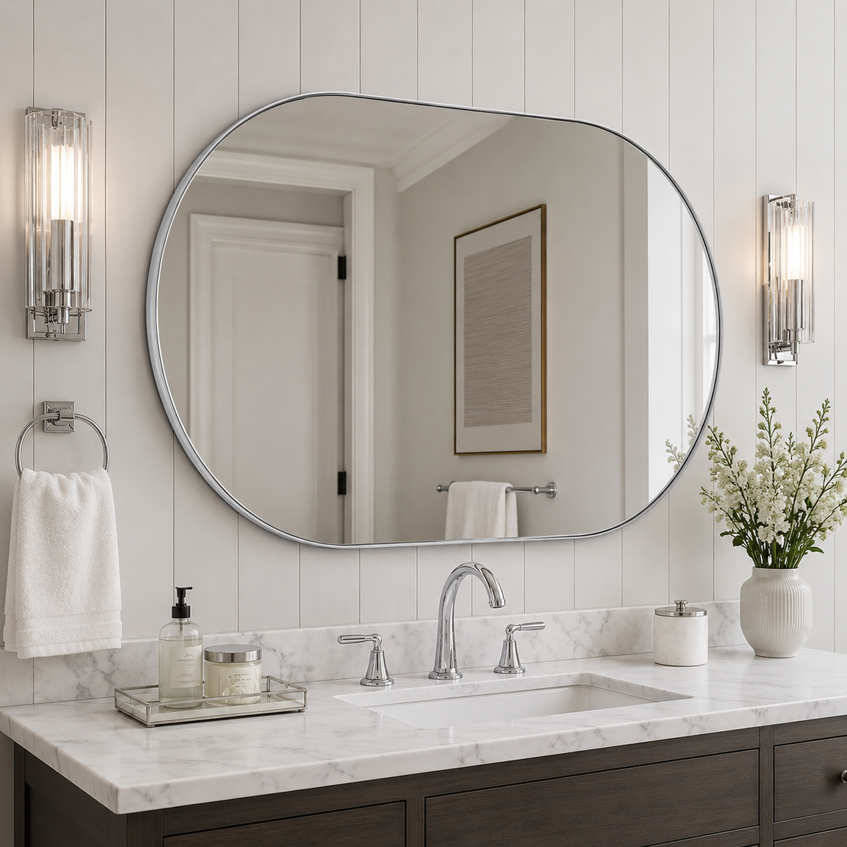 Modern Pill Shaped Capsule Wall Mirrors Long Oval Bathroom Vanity Mirror | Stainless Steel Frame