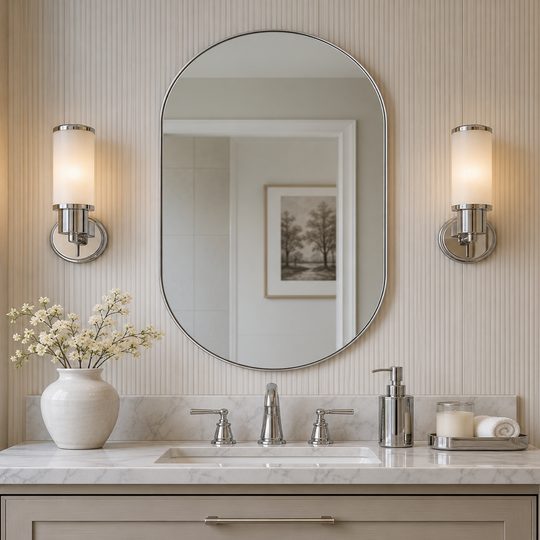 Modern Pill Shaped Capsule Wall Mirrors Long Oval Bathroom Vanity Mirror | Stainless Steel Frame