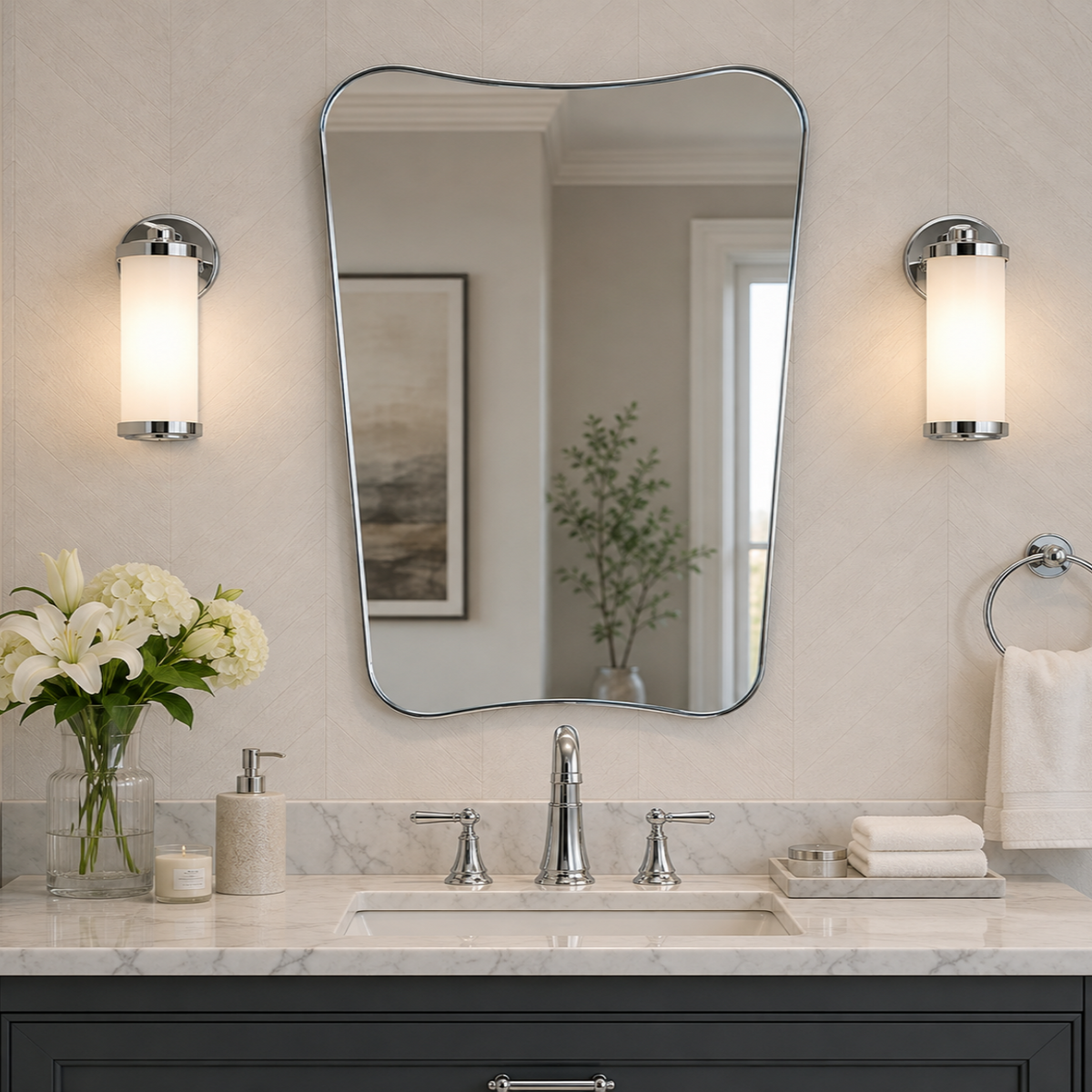 Italian Luxury Style Irregular Scalloped Wall Mirror for Bathroom  |Stainless Steel Frame