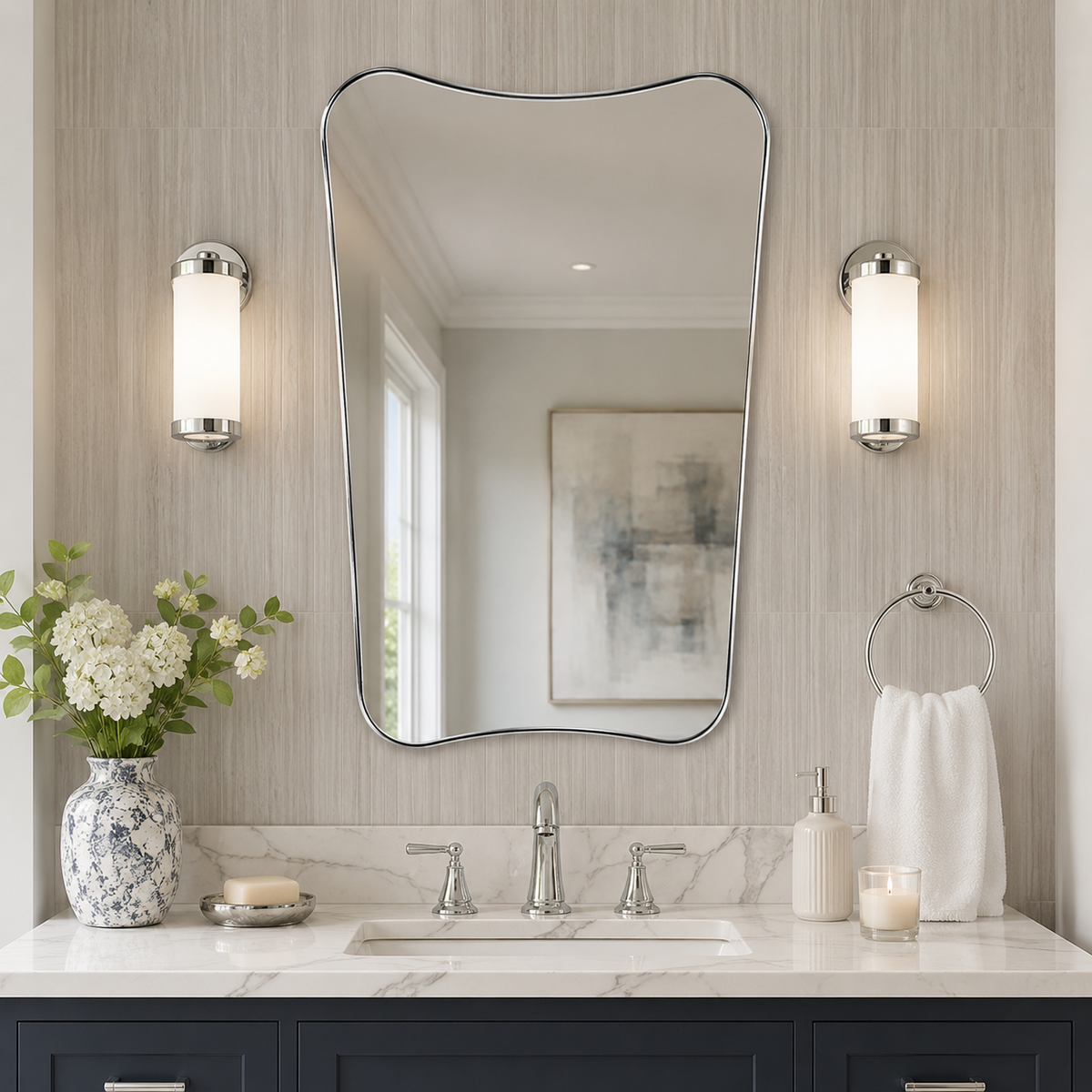 Italian Luxury Style Irregular Scalloped Wall Mirror for Bathroom  |Stainless Steel Frame