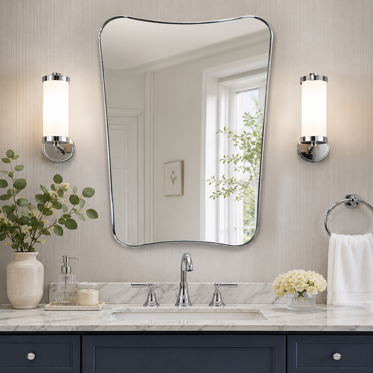 Italian Luxury Style Irregular Scalloped Wall Mirror for Bathroom  |Stainless Steel Frame