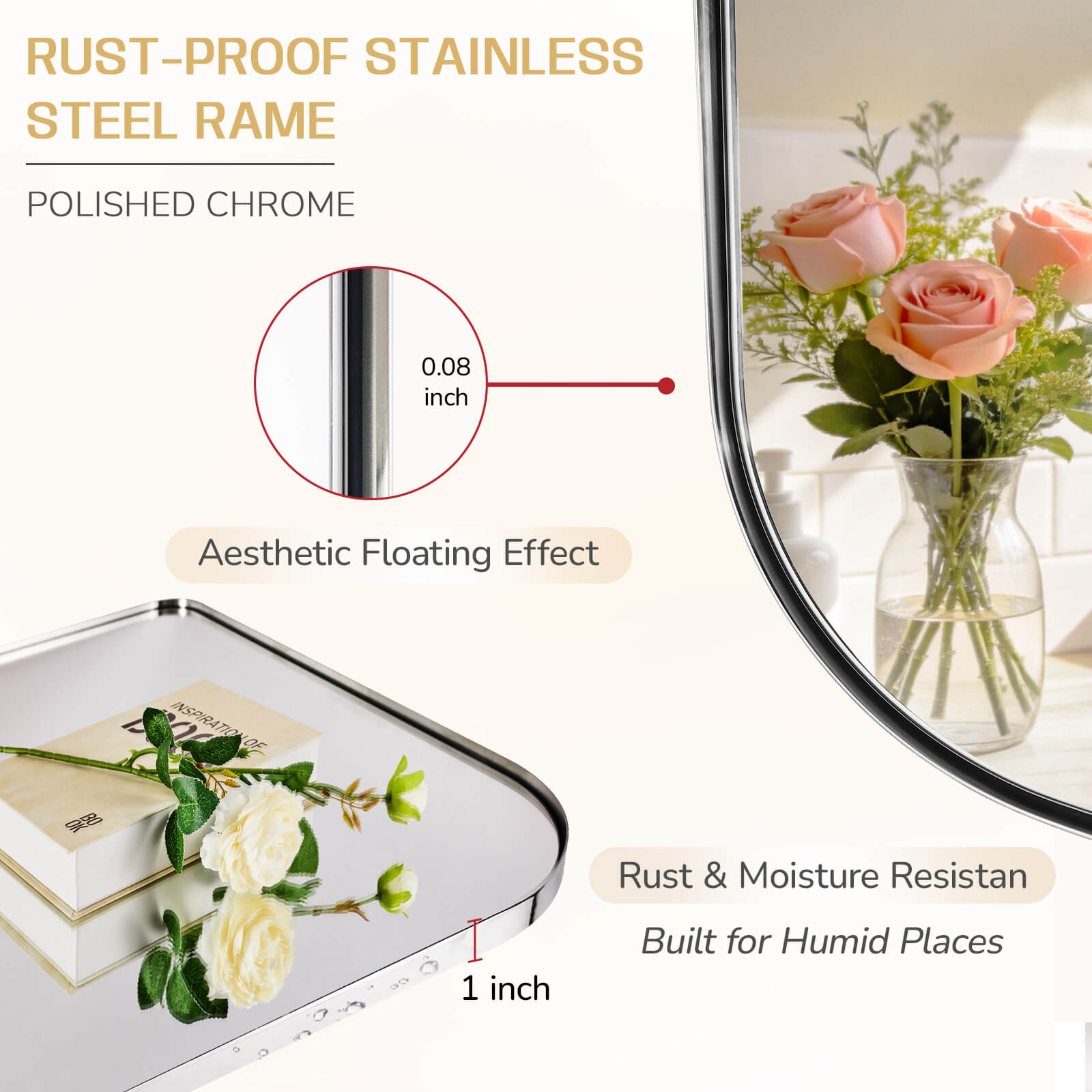 Modern Mantel Wide Arch Rectangle Bathroom Vanity  Mirror | Stainless Steel Frame