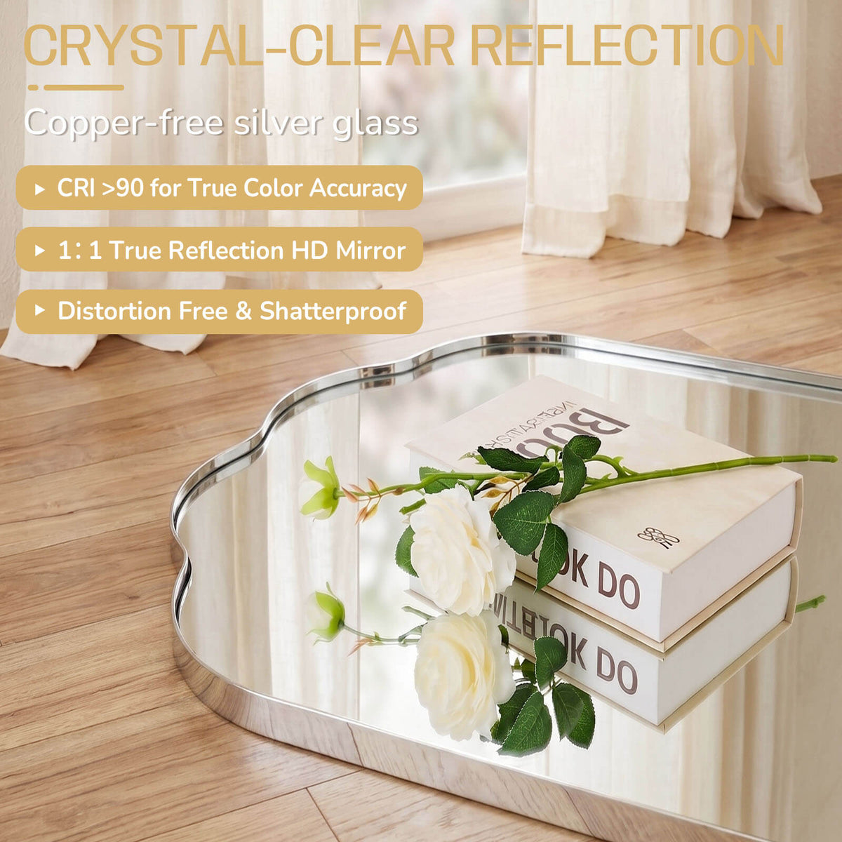 Contemporary Pill Shaped Long Oval Scalloped Bathroom Vanity Wall Mirror| Stainless Steel Framed