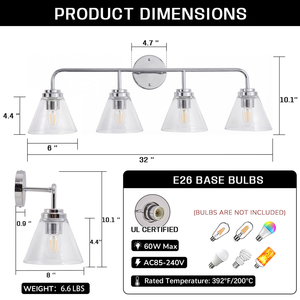 Modern Clear Cone Glass Shade Bathroom Vanity Light