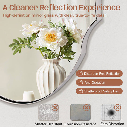 Contemporary Oval Scalloped Wall Mirror Irregular Bathroom Vanity Mirror| Stainless Steel Frame
