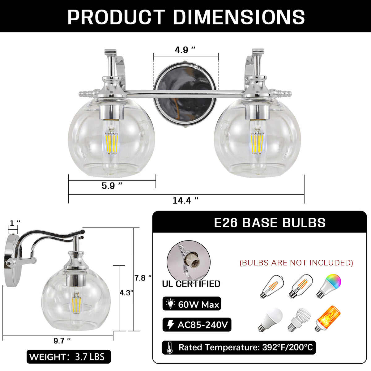 Modern Clear Globe Glass Shade Metal Crank Frame Bathroom Sconces