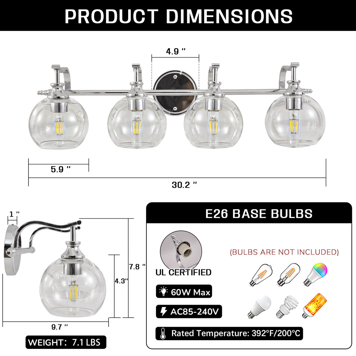 Modern Clear Globe Glass Shade Metal Crank Frame Bathroom Sconces