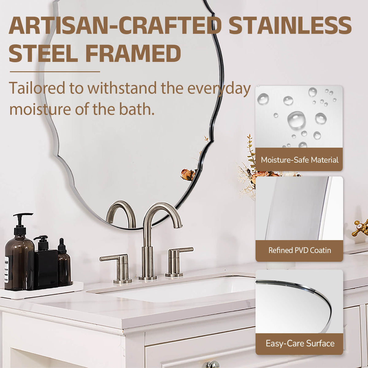 Contemporary Oval Scalloped Wall Mirror Irregular Bathroom Vanity Mirror| Stainless Steel Frame
